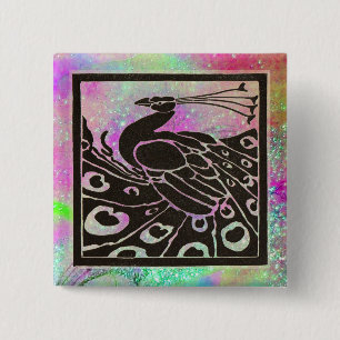 BÓTON QUADRADO 5.08CM PAVÃO PRETO ELEGANTE EM SPARKLES AZUIS ROXOS