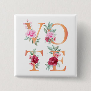 Bóton Quadrado 5.08cm Peach Floral Elegante Feminina Vai Votar