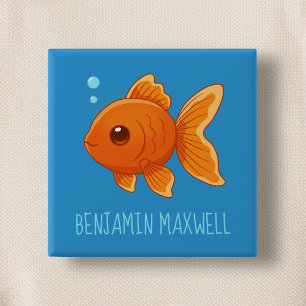Bóton Quadrado 5.08cm Peixe Dourado de Desenho Animado Fofo em Nome Pers