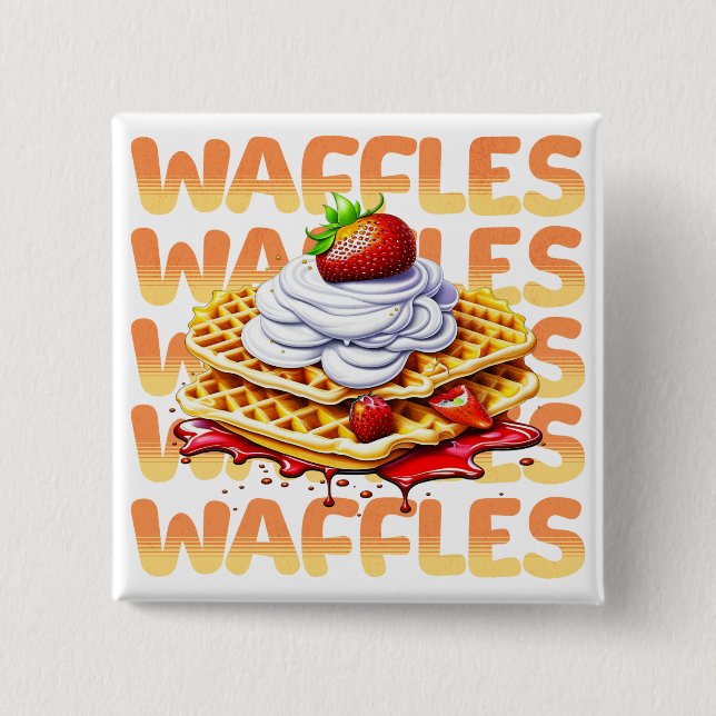Bóton Quadrado 5.08cm Pilha de waffles cobertas em morangos (Frente)