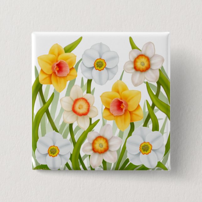 Bóton Quadrado 5.08cm Pin alegre dos Daffodils do primavera (Frente)