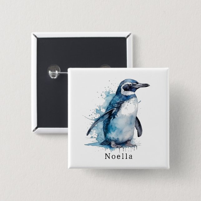 Bóton Quadrado 5.08cm Pinguim Aquarela Ártico Azure, personalizado (Frente & Verso)