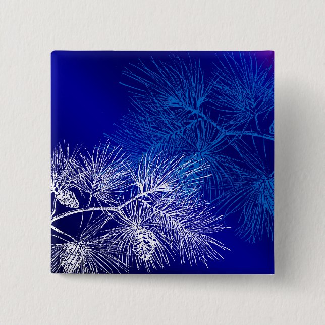 Bóton Quadrado 5.08cm Pinheiro de inverno azul e branco (Frente)