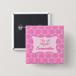 Bóton Quadrado 5.08cm Pink Damask Baby Girl Personalized Name Badge
