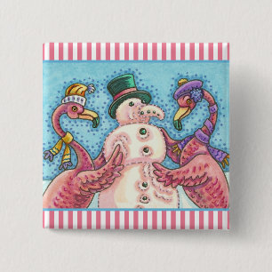 Bóton Quadrado 5.08cm PINK FLAMINGO SNOWMAN CHRISTMAS BUTTTON Square