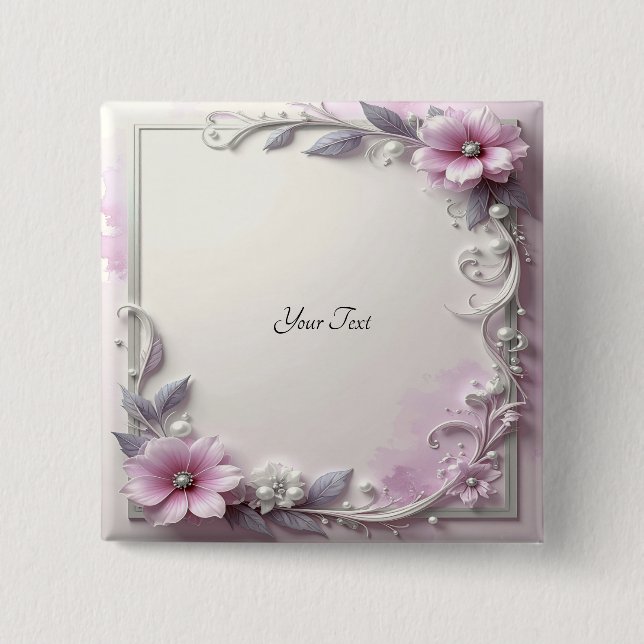 Bóton Quadrado 5.08cm Pink Floral Frame Button (Frente)