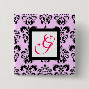 BÓTON QUADRADO 5.08CM PINK LILAC BLACK DAMASK WHITE SQUARE MONOGRAMA