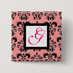 Bóton Quadrado 5.08cm PINK PRETO DAMASK BRANCO MONOGRAMA QUADRADO Fúcsia