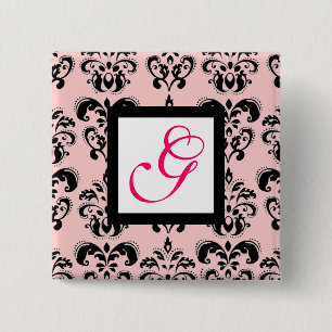 Bóton Quadrado 5.08cm PINK PRETO DAMASK BRANCO MONOGRAMA QUADRADO Fúcsia