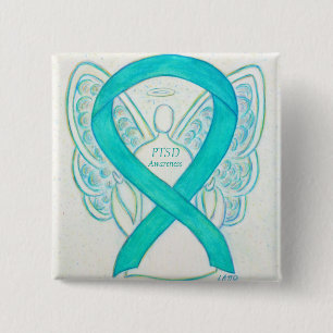 Bóton Quadrado 5.08cm Pinos de Arte Personalizados do Anjo Teal de Fita