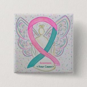 Bóton Quadrado 5.08cm Pinos do Anjo da Fita de Consciência Rosa e Teal