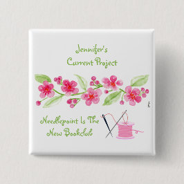 Bóton Quadrado 5.08cm Pintado à Mão com Cerejeira em Flor Ponto Cruz Qua