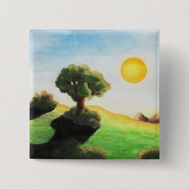 Bóton Quadrado 5.08cm pintura aquosa árvore arte sol paisagem natureza (Frente)
