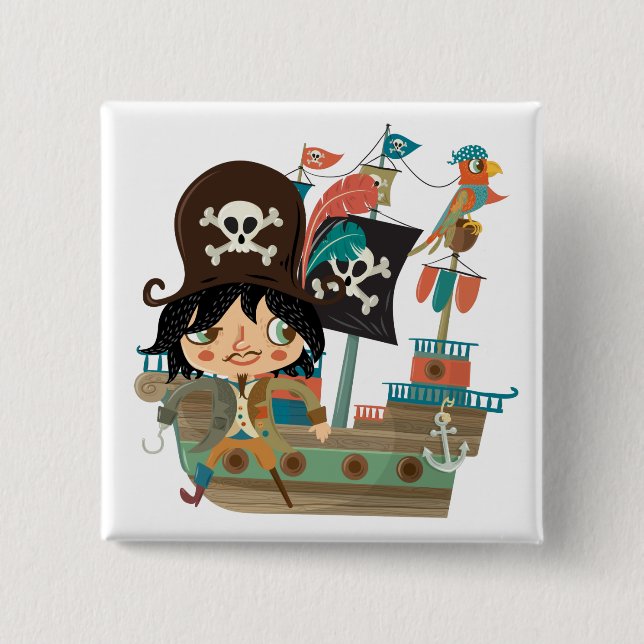 Bóton Quadrado 5.08cm Pirata e navio de pirata (Frente)