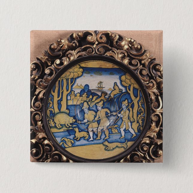 Bóton Quadrado 5.08cm Placa decorada com uma cena da caça (Frente)