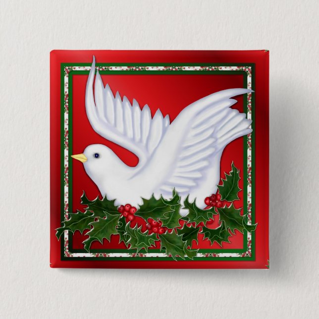 Bóton Quadrado 5.08cm Pomba de Natal e Holly (Frente)