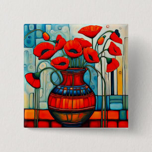 Bóton Quadrado 5.08cm Poppies em vaso