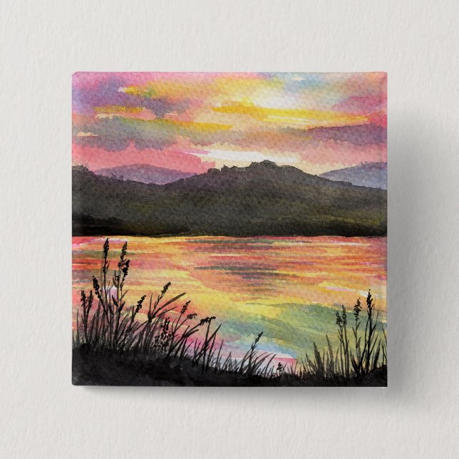Bóton Quadrado 5.08cm Pôr do sol pelo lago (Frente)