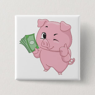 Bóton Quadrado 5.08cm Porco Rosa Rico Segurando Dinheiro e Fazendo Sinal