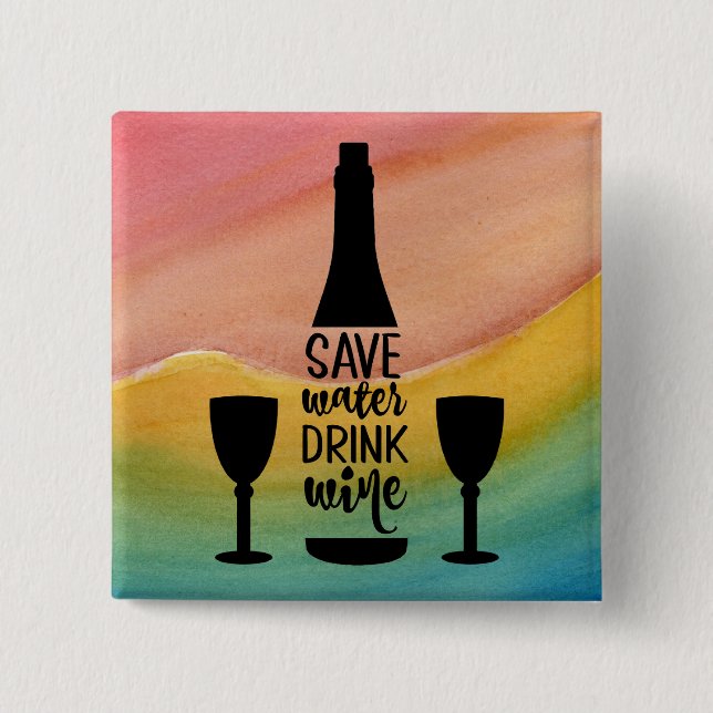Bóton Quadrado 5.08cm Poupe Água Bebida Vinho Preto Garrafa Dois Óculos (Frente)