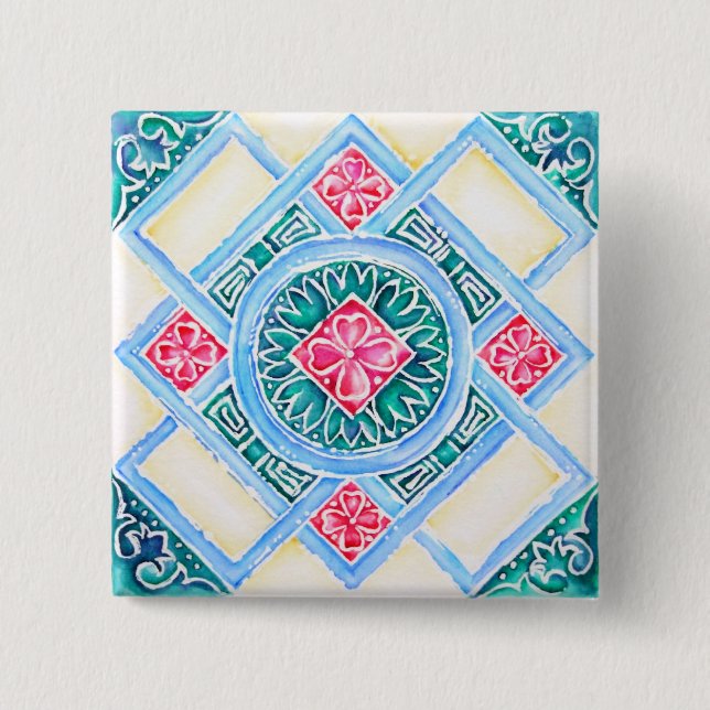 Bóton Quadrado 5.08cm Praça do Teal Geométrico do Azulejo Peranakan (Frente)