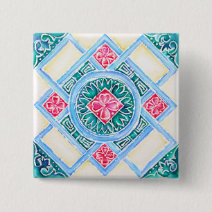Bóton Quadrado 5.08cm Praça do Teal Geométrico do Azulejo Peranakan