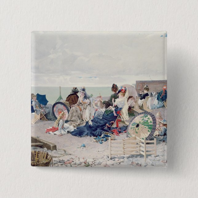 Bóton Quadrado 5.08cm Praia em Yport, 1878 (óleo em canvas) (Frente)