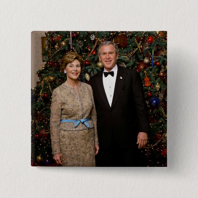 Bóton Quadrado 5.08cm Presidente George Bush, Laura Casa Branca de Natal (Frente)