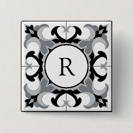 Bóton Quadrado 5.08cm Preto e Branco Estilo Espanhol com Inicial 
