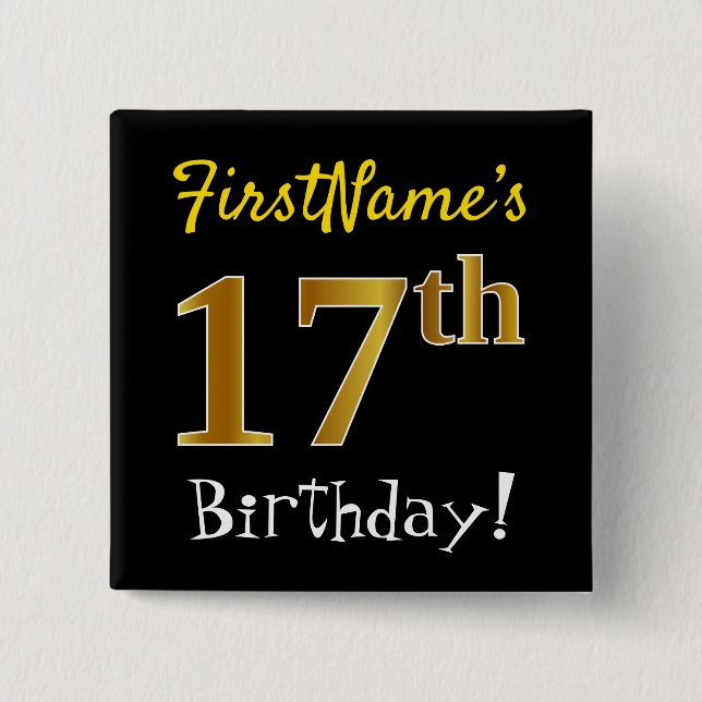 Bóton Quadrado 5.08cm Preto, Faux Dourado 17.º aniversário, com nome per (Frente)