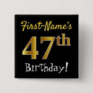 Bóton Quadrado 5.08cm Preto, Faux Dourado 47º aniversário, com nome pe