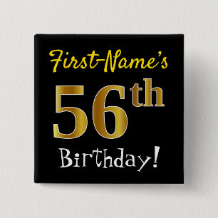 Bóton Quadrado 5.08cm Preto, Faux Dourado 56º aniversário, com nome pe