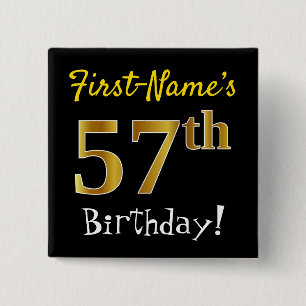 Bóton Quadrado 5.08cm Preto, Faux Dourado 57º aniversário, com nome pe