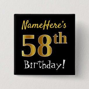 Bóton Quadrado 5.08cm Preto, Faux Dourado 58º aniversário, com nome pers