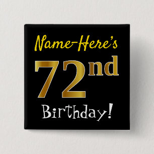 Bóton Quadrado 5.08cm Preto, Faux Dourado 72º Aniversário, Com Nome Pe
