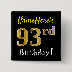 Bóton Quadrado 5.08cm Preto, Faux Dourado 93º Aniversário, Com Nome Pers