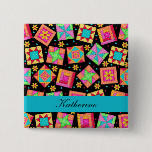 Bóton Quadrado 5.08cm Preto Turquoise Patchwork Quilt Blocks Name Crachá