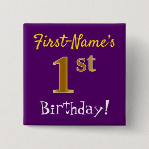 Bóton Quadrado 5.08cm primeiro aniversario Dourado Roxo, Falso, Com Nome
