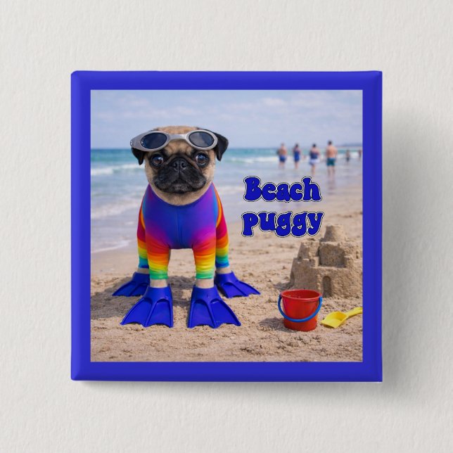 Bóton Quadrado 5.08cm Pug de Praia (Frente)