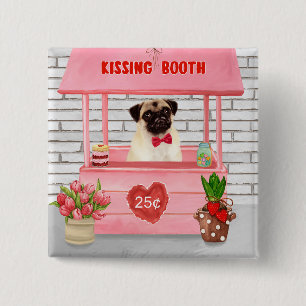 Bóton Quadrado 5.08cm Pug Dia de os namorados Cachorro Beijando Booth