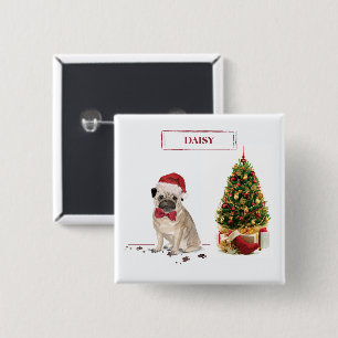 Bóton Quadrado 5.08cm Pug Engraçado Cachorro de Natal Engraçado com Árvo