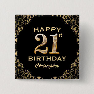 Bóton Quadrado 5.08cm Quadro de brilho preto e Dourado do aniversário de