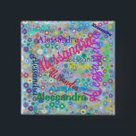 Bóton Quadrado 5.08cm Qualquer Colagem de Nome com Botão Personalizado F<br><div class="desc">Este botão apresenta um design colorido com o nome de sua escolha que aparece em várias fontes e cores diferentes. Os nomes são exibidos sobre um fundo azul com flores coloridas. Excelente como um nome ou apenas por diversão!</div>