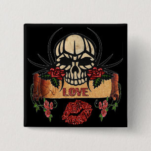 Bóton Quadrado 5.08cm RAB Rockabilly Caveira Rosas Amor Batom