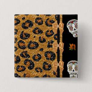 Bóton Quadrado 5.08cm RAB Rockabilly Dourado Estampa de Leopardo Açúcar