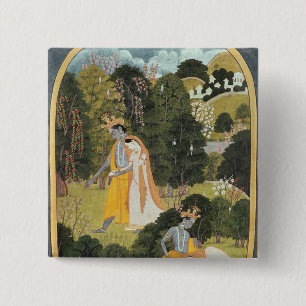Bóton Quadrado 5.08cm Radha e Krishna que andam em um bosque