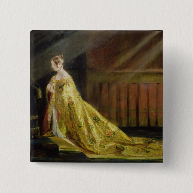 Bóton Quadrado 5.08cm Rainha Victoria em sua veste da coroação, 1838 (Frente)