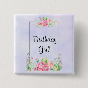 Bóton Quadrado 5.08cm Rapariga de Aniversário com Moldura Floral Cor-de-