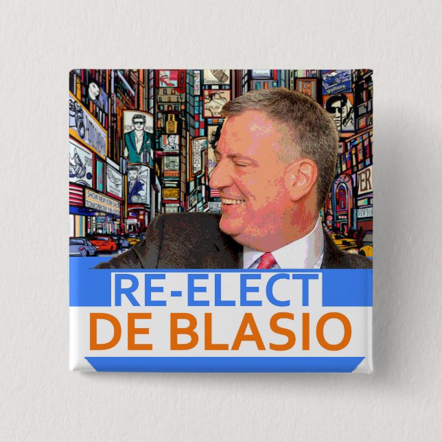 Bóton Quadrado 5.08cm Re-Elect de Blasio em 2017 (Frente)