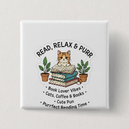 Bóton Quadrado 5.08cm Read Relax & Purr – Cute Cat With Books Sticker |।
